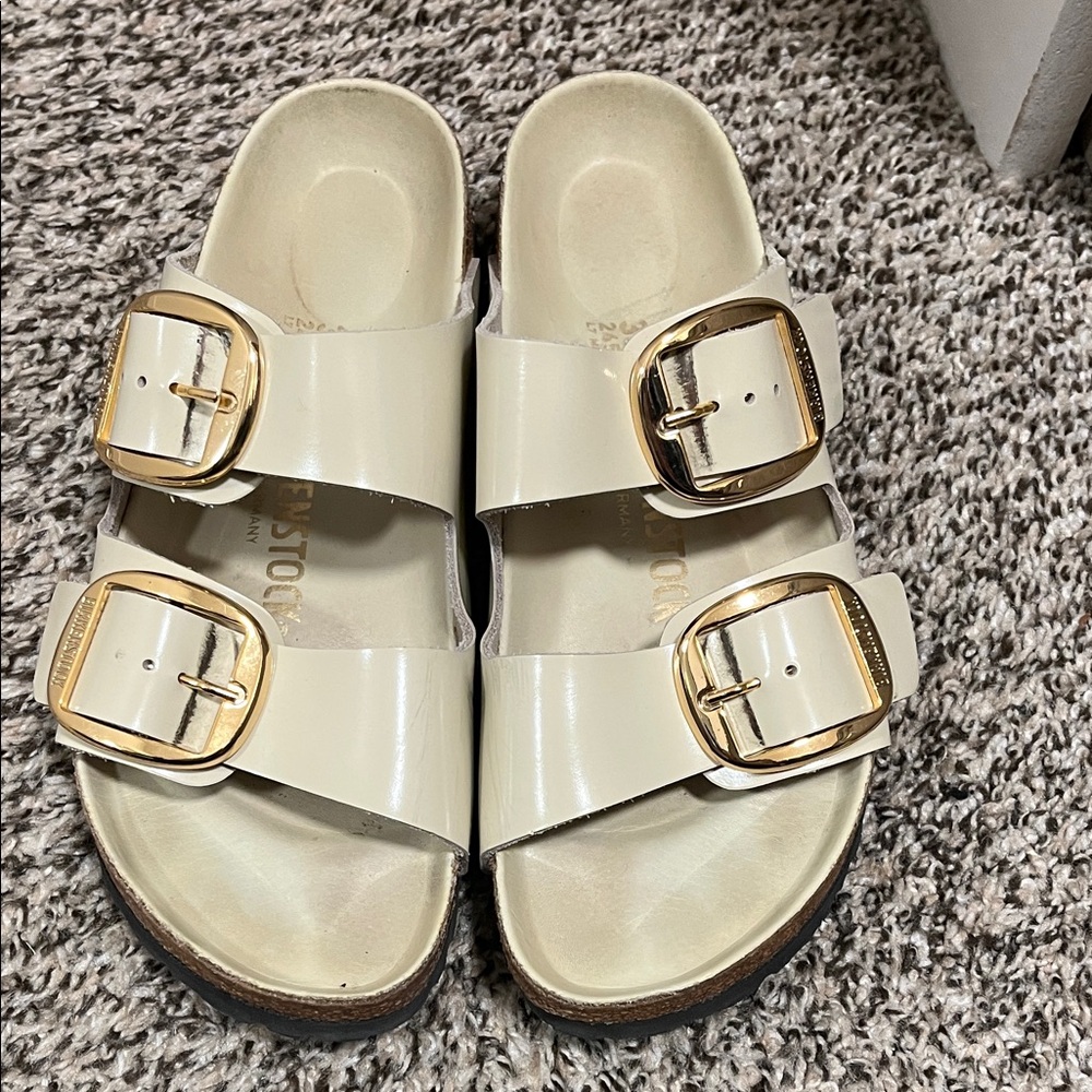 Birkenstock Beige Sandals with Gold Buckles
